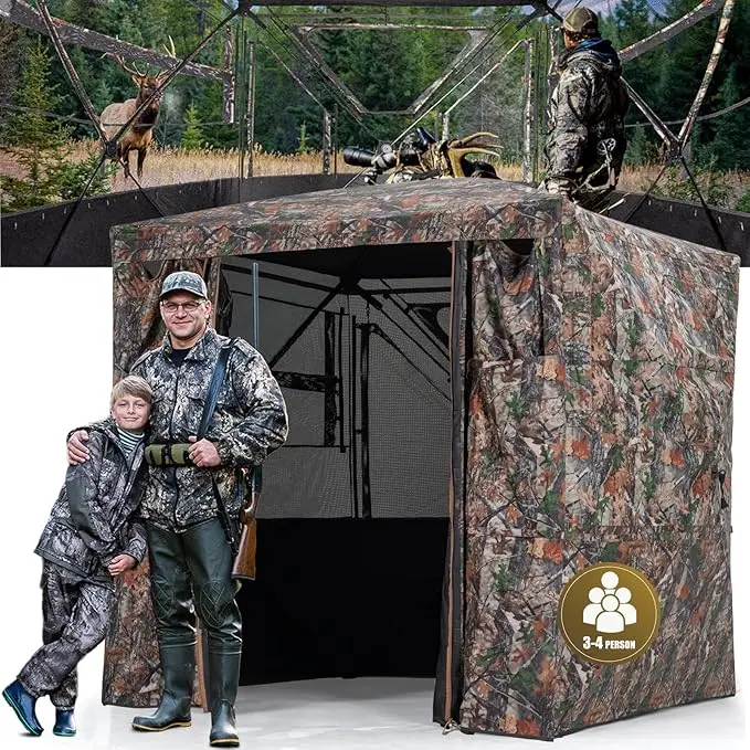 3-4 Person Hunting Blind -270° See Through Portable Resilient Hunting Tent, Pop Up Ground Blinds with Magnetic Full Open Door for Deer & Turkey Fathersdaygift Outdoor,camping essentials