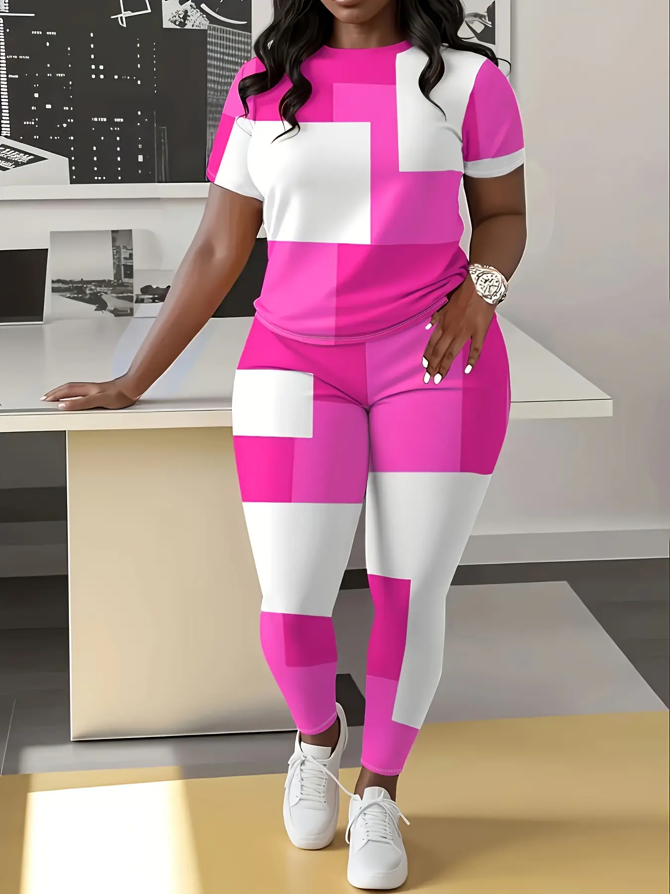 Color Block Patchwork Spring Summer Casual Fitted Round Neck Short Sleeve Pants Two-Piece Set, Summer Outfits Set, Matching Lounge Sets, Women's Fashion for Daily Wear, Matching Clothing Set