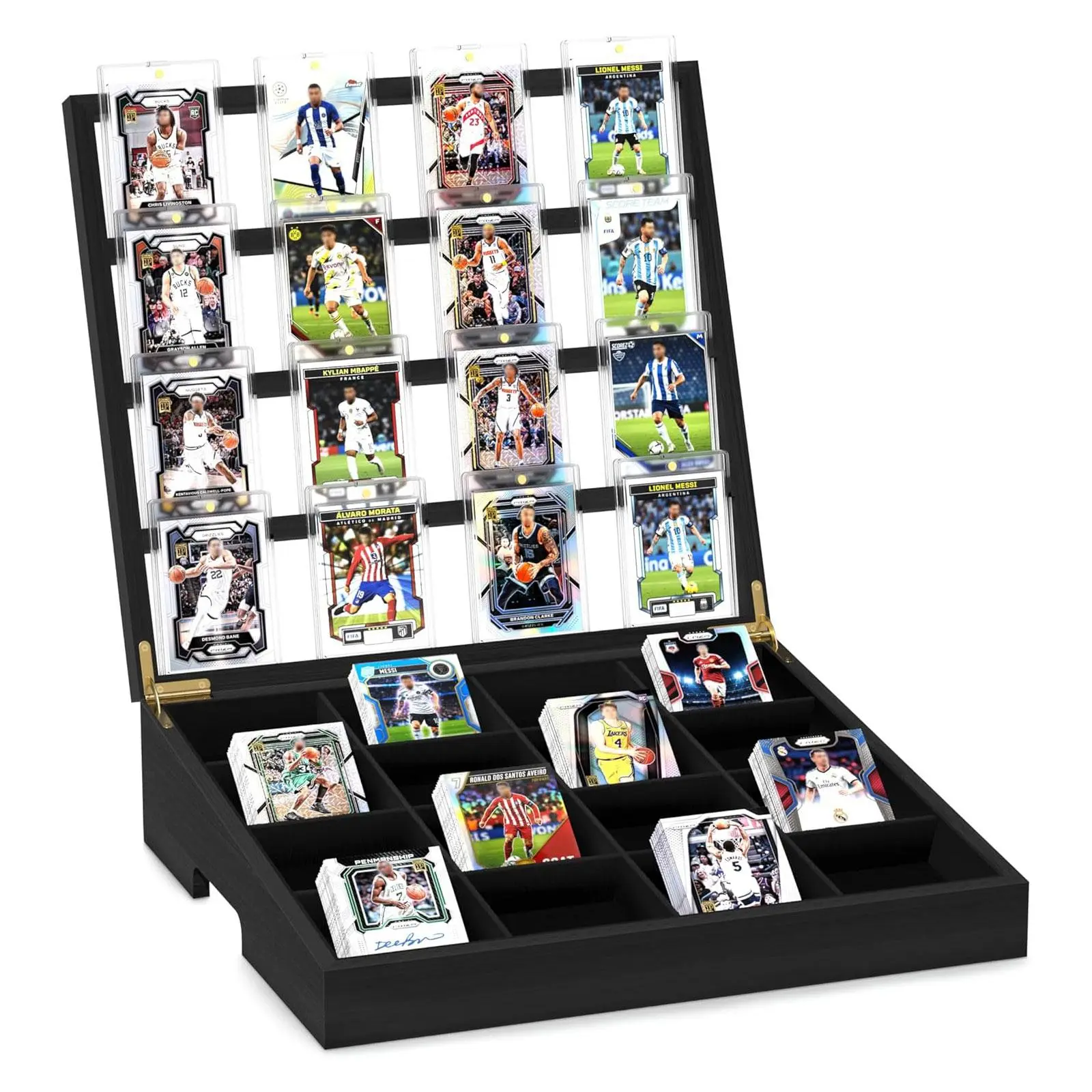 Emfogo Trading Card Sorting Tray and 16-Compartment Card Organizer with Handle, Wooden Sports Card Display Stand for Baseball, TCG, Gaming Cards, and Collection Storage, Black Desktop Organizer for Serious Collectors