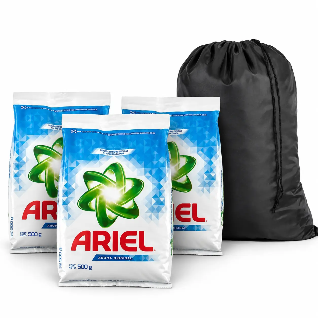 Laundry Essentials Bundle with ARIEL Aroma Original Laundry Powder Detergent 500 g, 3-Pack and Reusable Drawstring Laundry Bag by Demaya