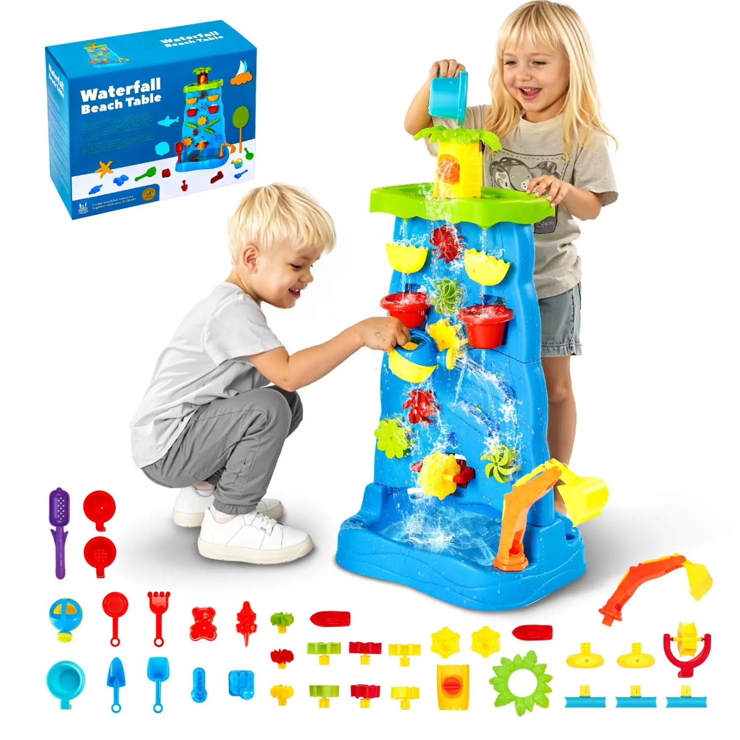 【SummerFinds】VEVOR Sand and Water Table for Toddlers, Double-Sided Kids Activity Waterfall Playset with 37PCS Accessories, Kids Activity Sensory Table, Outdoor Summer Sand Water Play Table for 3+ Years Boys Girls