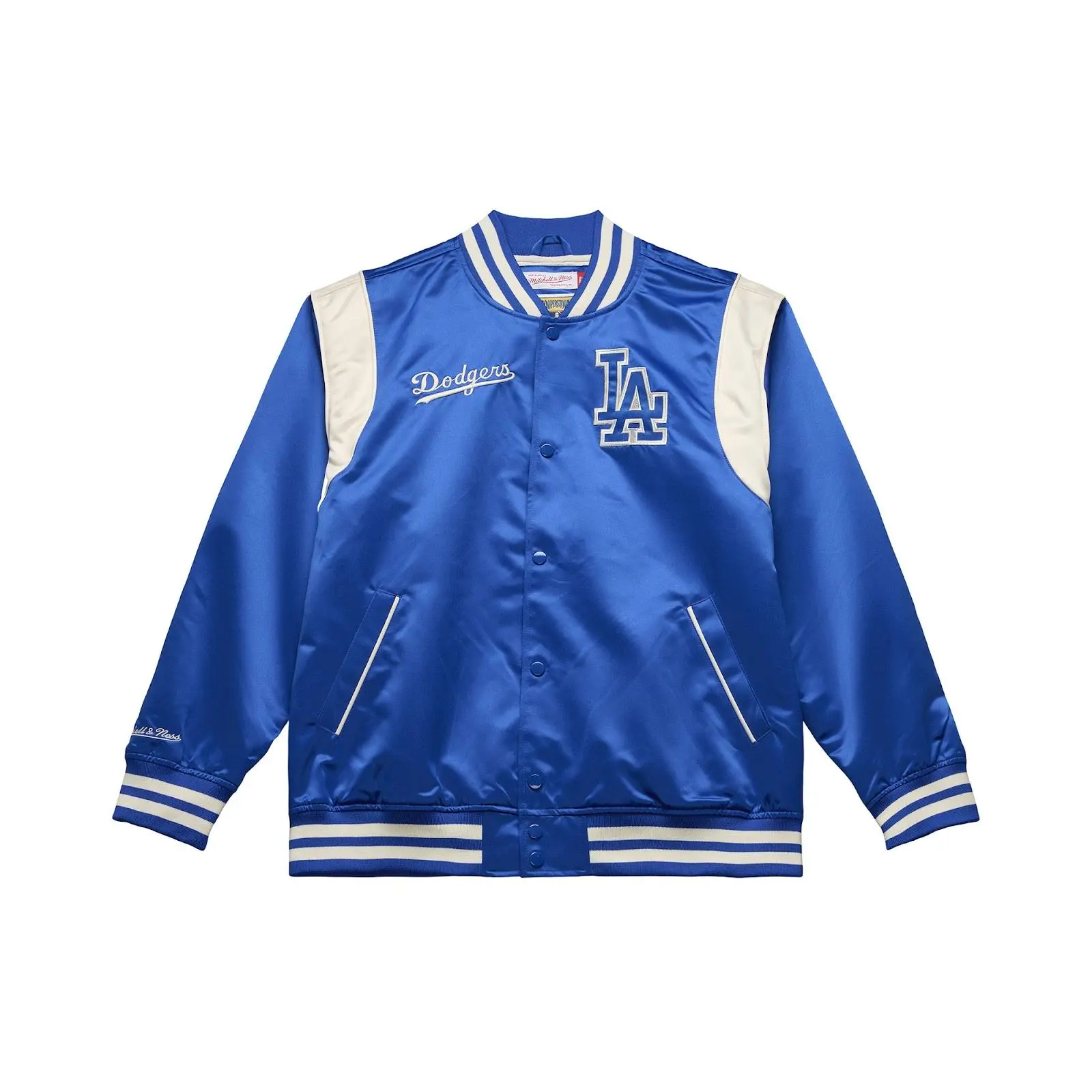 Mitchell & Ness Men's Los Angeles Dodgers Royal Retro Roots Lightweight Satin Jacket, Vintage Clothing Throwback with Embroidered Graphic & Zipper Closure