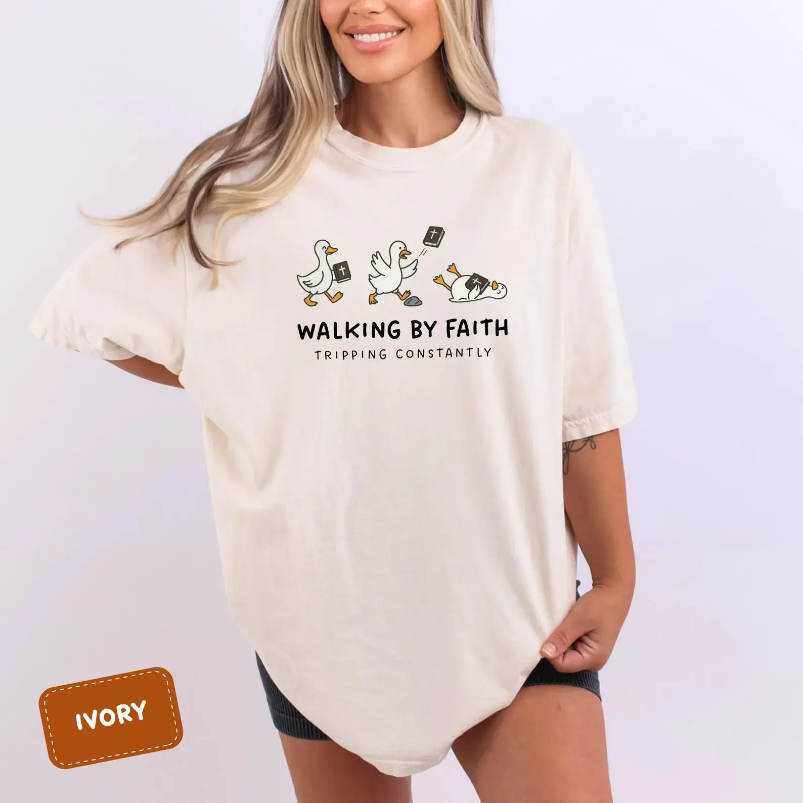 Classic Walking by Faith Goose Tshirt for Women, Cute Oversized Comfy Cotton Graphic Tee with Religious Humor, Fit, Cotton Fabric, Digital Print, Unisex Fit