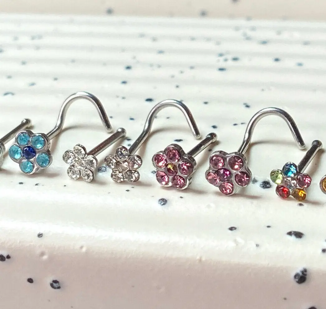 1pc Surgical Steel Nose Ring Gem Flower- choose color, 18g or 20g, Stud or Screw