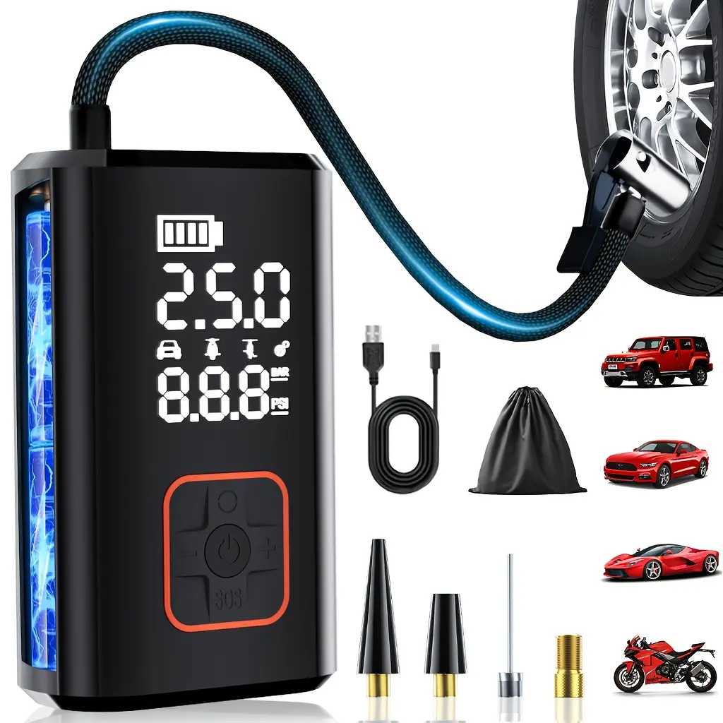 Portable with Pressure Display, Adjustable Digital Air Compressor, 150psi, for Car, Motorcycle, Bicycle, 4-In-1 Handheld Pump, Cordless Tire Inflator, Tire Inflation Tool