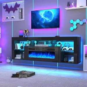 【2Packages Shipping】71" Floating Fireplace TV Stand for up to 85" TVs, Modern High Gloss Entertainment Center w/40 Electric Fireplace, Charging Station&LED Lights, Fireplace TV Media Console w/Storage, Black/white