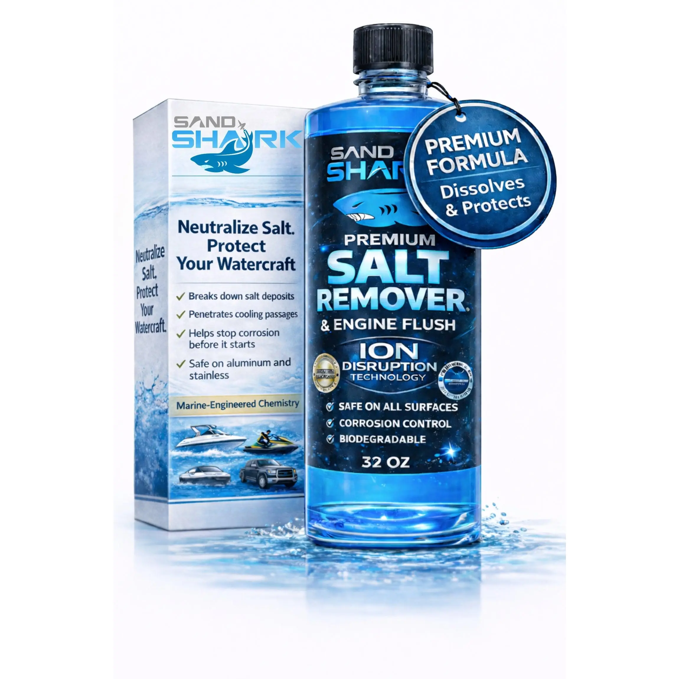 SandShark 2-in-1 Salt Remover & Engine Flush Boat Cleaner – pH-Balanced Formula for Exterior Washing & Engine Flushing, Multi-Surface Marine & Powersports Cleaner, 32 oz