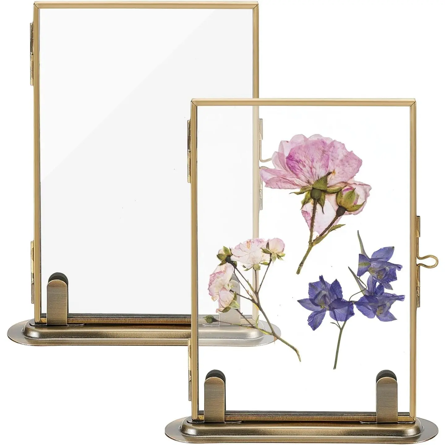 2PCS Double Glass Pressed Flower Frames 4 x 6 Inch Brass Floating Frame Vintage Gold Picture Frames Floating Hanging Photo with Metal Stand Tabletop Shelf Photo Frame Decor for Wedding Home
