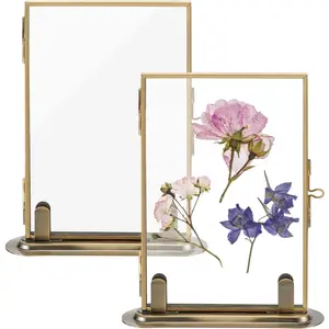 2PCS Double Glass Pressed Flower Frames 4 x 6 Inch Brass Floating Frame Vintage Gold Picture Frames Floating Hanging Photo with Metal Stand Tabletop Shelf Photo Frame Decor for Wedding Home