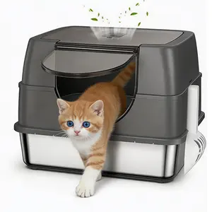 Stainless Steel Litter Box with Reinforced Flip Lid, Side Entry Large Enclosed Cat Litterbox for Kitty & Multi-Cat, Easy-Clean Flip Cover, High Sided Metal Cat Litter Pan with Scoop & Activated Carbon Deodorizer Bag, Anti-Leakage, Non-Sticky, Odor Control