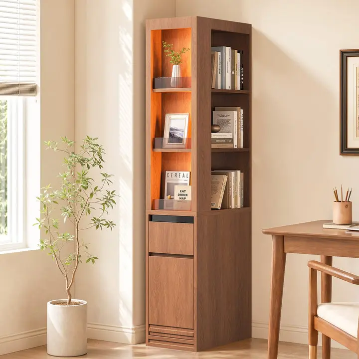 Sikaic 12 Inch Narrow Bookshelf with LED Display Shelf, Drawer and Cabinet Base, LED Bookcase with 270° Open Access, Adjustable Shelves, Glass Magazine Display, Home Furniture, Dorm Essentials [tiktokshopbacktoschool]
