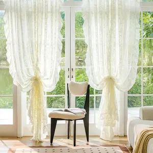 Ruffle Curtains 2 Panels - Vintage Tulle Floral Lace Cream Sheer Curtains 84 Inches Long,, Rod Privacy Ruffled Drapes for Living Room, 59 x 84 Inch, Ivory