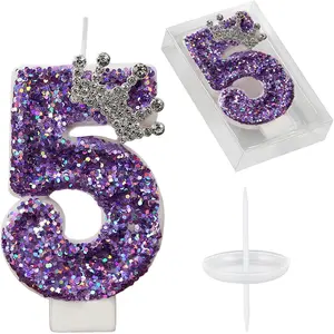 Birthday Number Candles,  Crown Number 5 Cake Cupcake Candle Glitter Number Candle Cake Topper with Sequins for Girls,Women, Anniversary Party Celebrations Supplies Favors