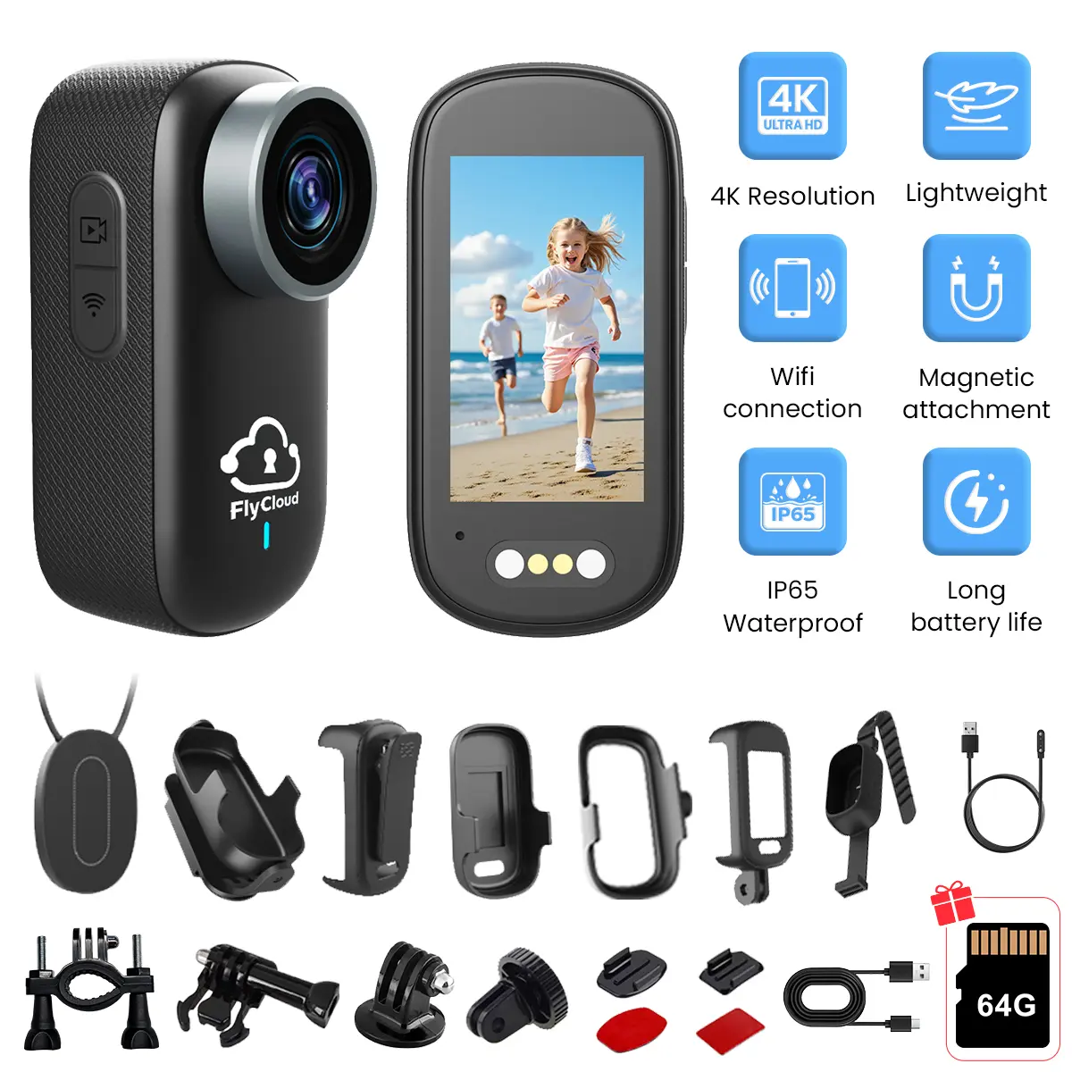 FlyCloud M11 4K Ultra HD Waterproof Wearable Action Camera - Magnetic Mount, WiFi, Built-in Screen, Li-ion Battery, H.264, Magnetic Back Clip, Necklace/Bicycle/Helmet Mounts, Portable Vlogging Gear for Outdoor Sports