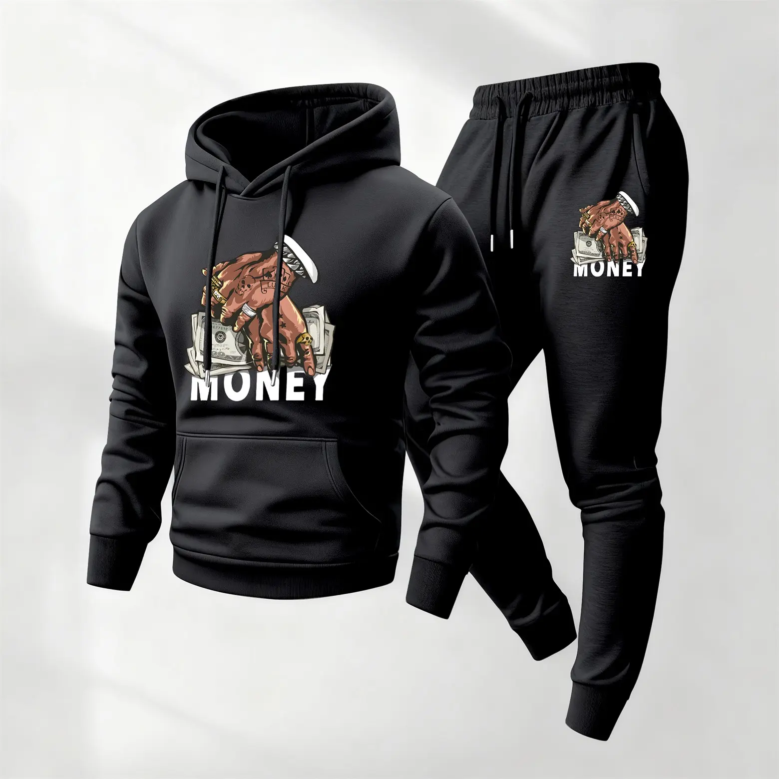 Men's 2-Piece Athletic Tracksuit Set - Longsleeves Baggy Money-Print Polyester Hoodie & Sweatpants, Casual Fit Male Athleisure for Casual Sports, Machine Washable Menswear Clothing Set, Men's 2 Piece Sets