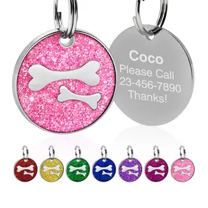 LIVEKEY Personalized Round Glitter Double Bone Dog Tags Engraved Dog Name Tags Slide-On Cat ID Tags Customizable with Pet Name and Contact Info Leash Harness