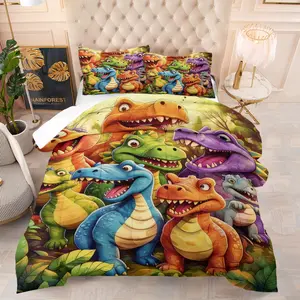Cartoon Dinosaur Themed Comforter Set,Including 1 Quilt and 1 or 2 Pillowcases Without Pillows,Suitable as Bedding Set for Boys,Girls,Children,and Teenagers,Soft and Warm Bedroom Decoration,Complete Bedding Set