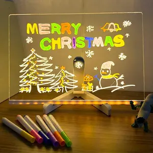 Acrylic Dry Erase White Board 12” x 8” Clear Desktop Whiteboard with Light Up Stand for Desk LED Letter Message Board with 7 Colors Pens