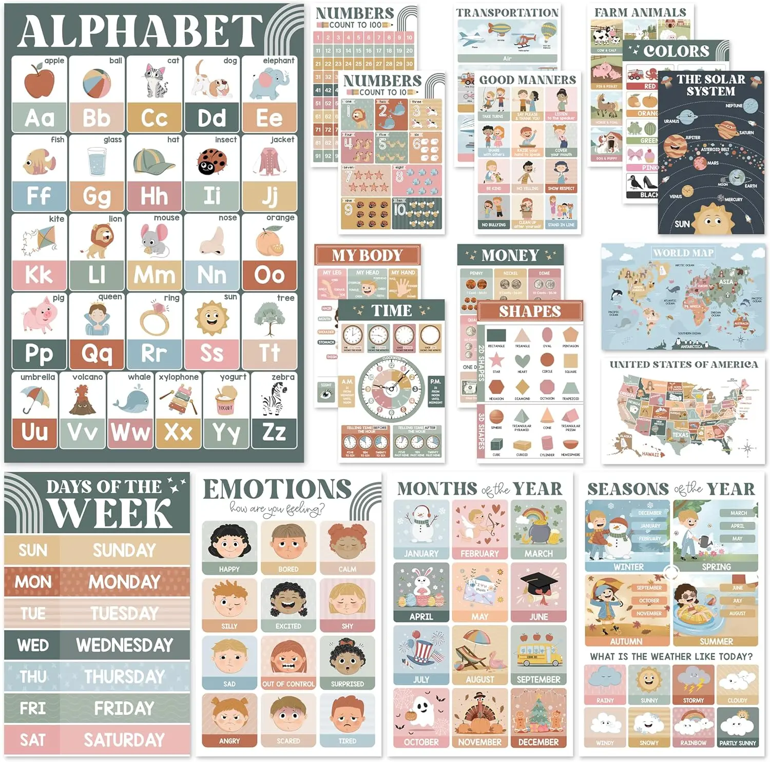 18 Modern Boho Educational Posters for Preschoolers (18 PCS) - Laminated Learning Charts for Toddlers 1-3-5 Homeschool & Classroom Decor with Unique Themes Alphabet, Numbers, Colors, Shapes, Emotions, Months, Seasons, Days of the Week