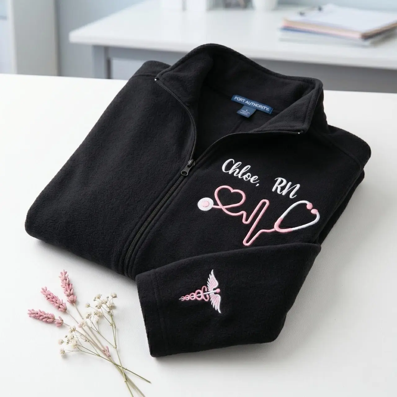 [MADE IN US] Custom Nurse Fleece Jacket | Personalized RN Full-Zip Jacket with Name & Stethoscope Embroidery | Nurse Gift for Women