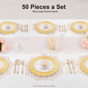 CNCEST 50 Pack Round Charger Plates 13 Inch Gold Color PP Material Elegant Wedding Dinner Reusable Chargers Plates Sustainable Design