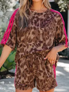 Women's 2 Piece Leopard Print Shorts Set - Casual Short Sleeve Top and High Waisted Drawstring Shorts with Pink Side Stripes