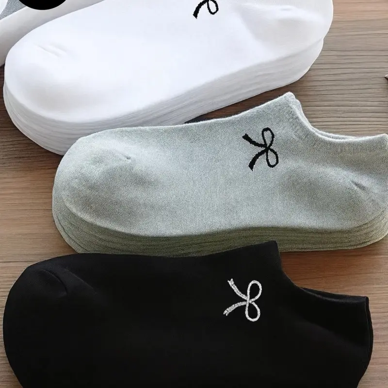3/15 Double-Pack Women's Bow-Patterned Short Ankle Socks, Athletic Socks, White/Black/Gray Ankle Socks, Invisible Socks, Solid Color Minimalist Style, Perfect for Casual Everyday Wear, Valentine's Day Gift, All Season Socks