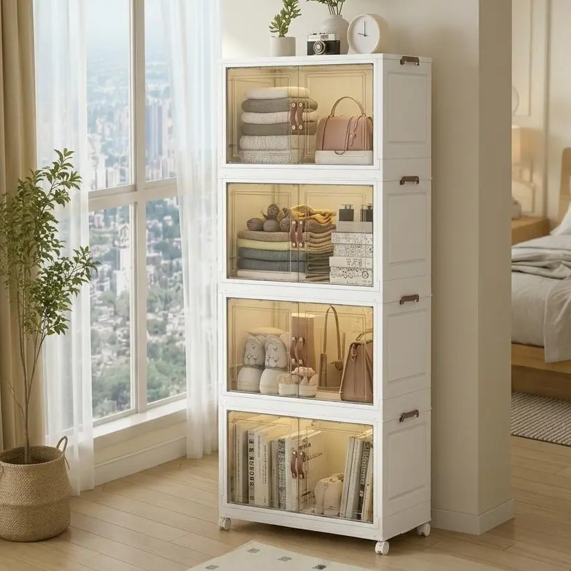 Stackable Storage Cabinet with a Spacious Interior, Sturdy Load Capacity, 3–5 Tiers, Interlocking Stacking Design, Tool-Free Installation, Wheeled Base, Dustproof Plastic Storage Container, Suitable for Closets, Small Apartments, Kitchens, and Bedrooms.