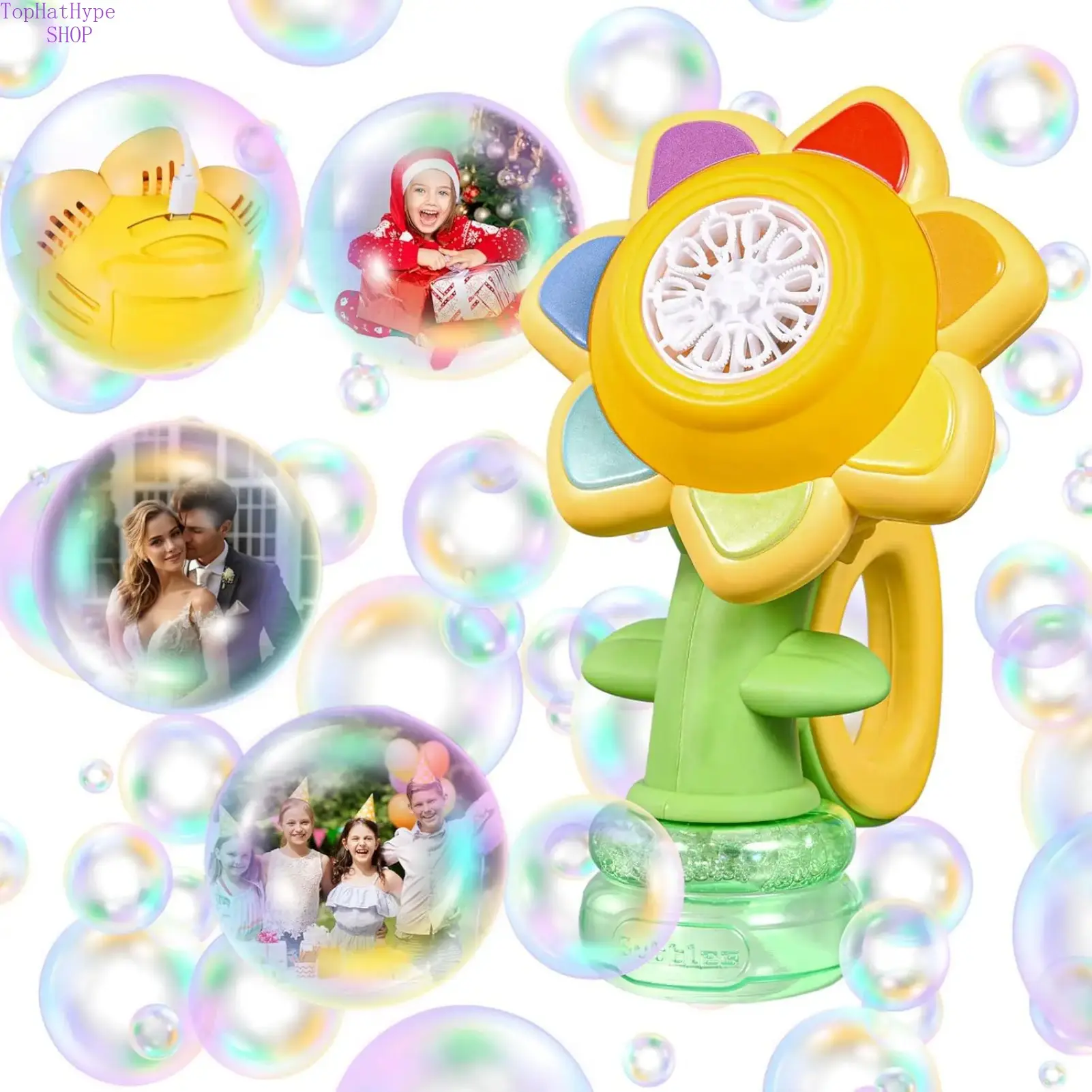 Kids' Floral Shape Rechargeable Battery Bubble Machine Toy, Automatic Handheld Blower with Colorful LED Lights, 20000+ Output, 3 Modes for Swing/Dance, Outdoor Toddler Entertainment Accessory (Abs-Infused Design)