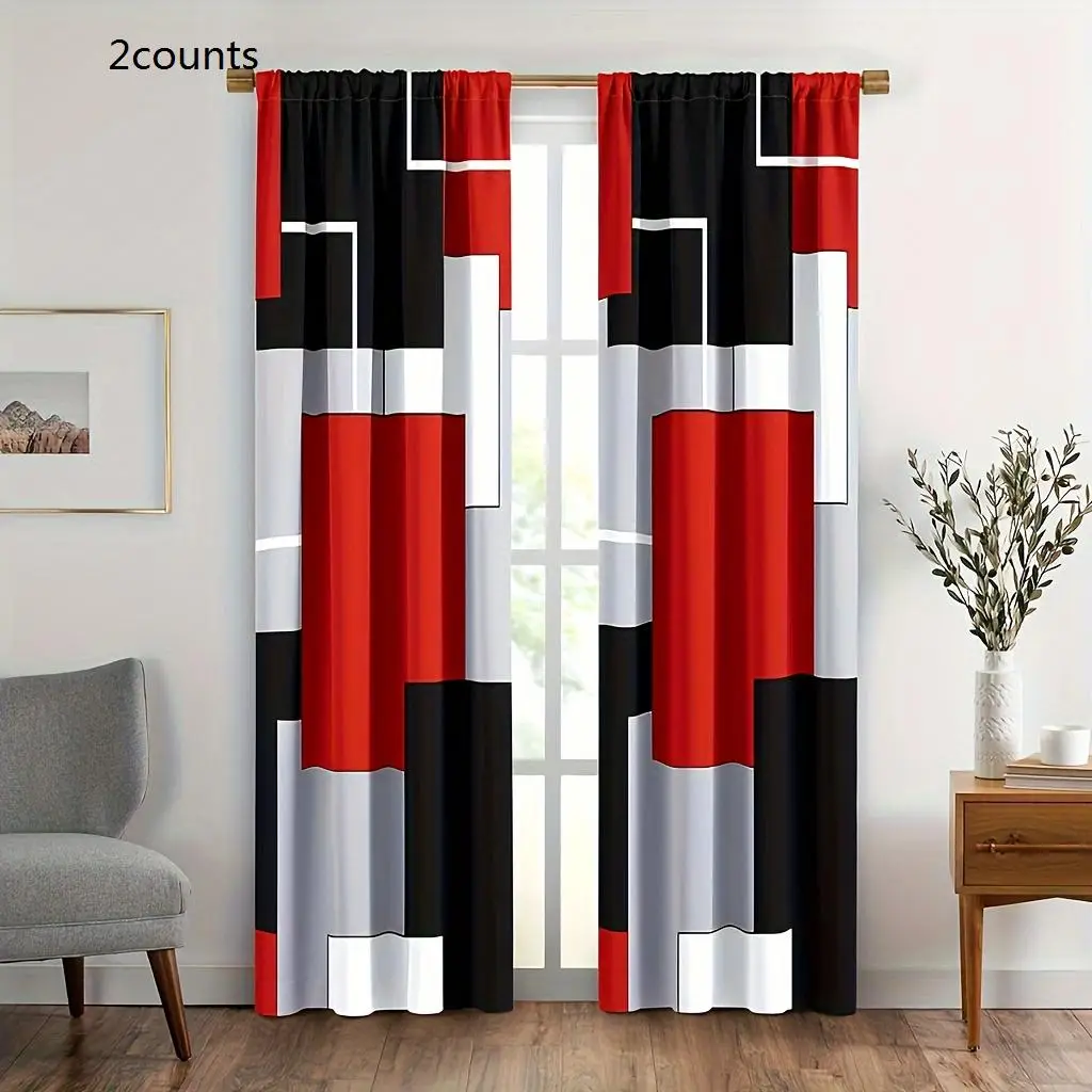 Geometric Print Curtain, 2 Counts Colorful Rod Pockets Window Curtain, Suitable for Living Room Bedroom Office Hotel Decor