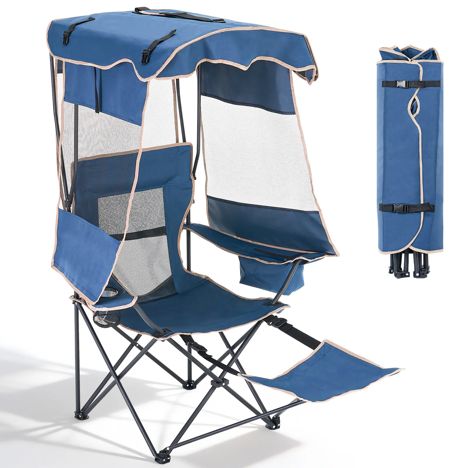 ABORON Camping Chair with Canopy Shade, Portable Folding Beach Chair with Cooler Bag & Cup Holder, Reclining Beach Loungers for Outdoor Camp,Sports, Tailgates, Fishing