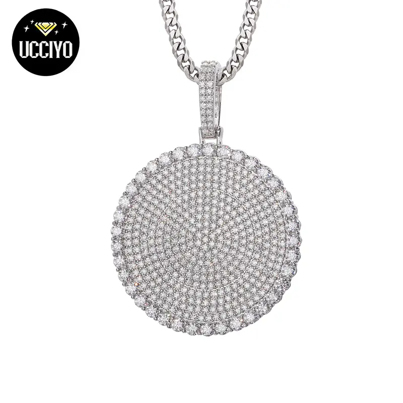 UCCIYO S925 Sterling Silver Synthetic Moissanite Round Pendant Necklace (#P159) - Jewellery Pendant for Men, Engagement & Anniversary Hip Hop Fashion Gift Accessory