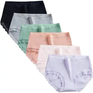 Teen Girls Cotton Underwear 6 Pack Comfort Lace Trim Briefs Panties (Medium, Style1)