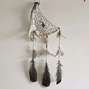 Medium Antler Dreamcatcher with Feathers - Handcrafted Decorative Wall Hanging with Natural Antler and Feathers