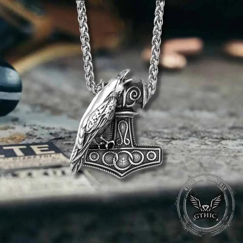 GTHIC 37x43mm Stainless Steel Viking-Inspired Pendant, Nordic Thor's Hammer & Raven Motif, Viking Symbolism Jewelry for Men Daily Wear
