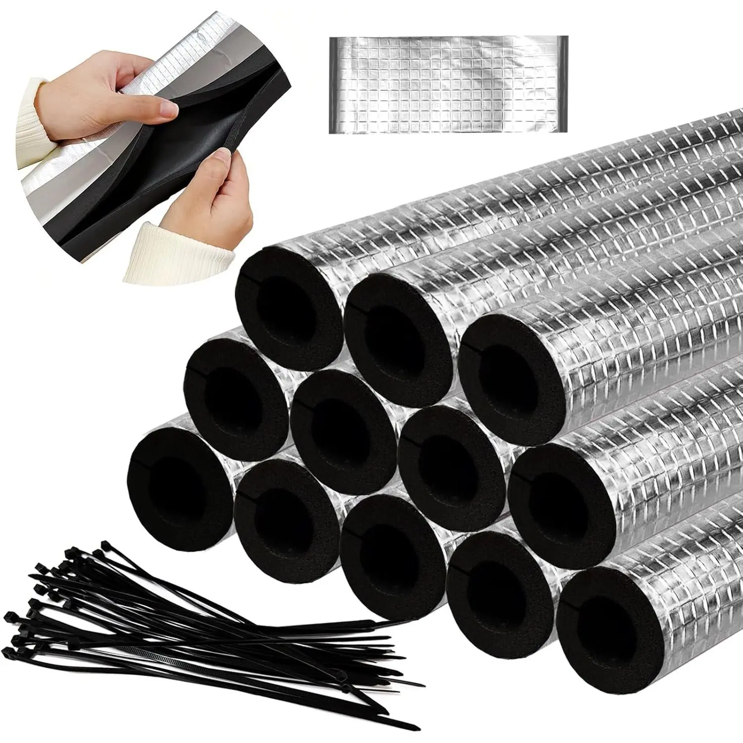 12-Piece Self-Adhesive Waterproof Rubber Foam Cylindrical Aluminum Foil Pipe Insulation Tubes with 6 ft Joint Tape & 50 Cable Zip Ties, for Winter Outside Pipes, Sprinkler Systems (1.3 ft x 0.8 in)