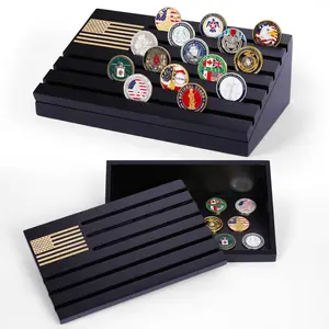 Black Military Challenge Coin Display Case with Engraved American Flag