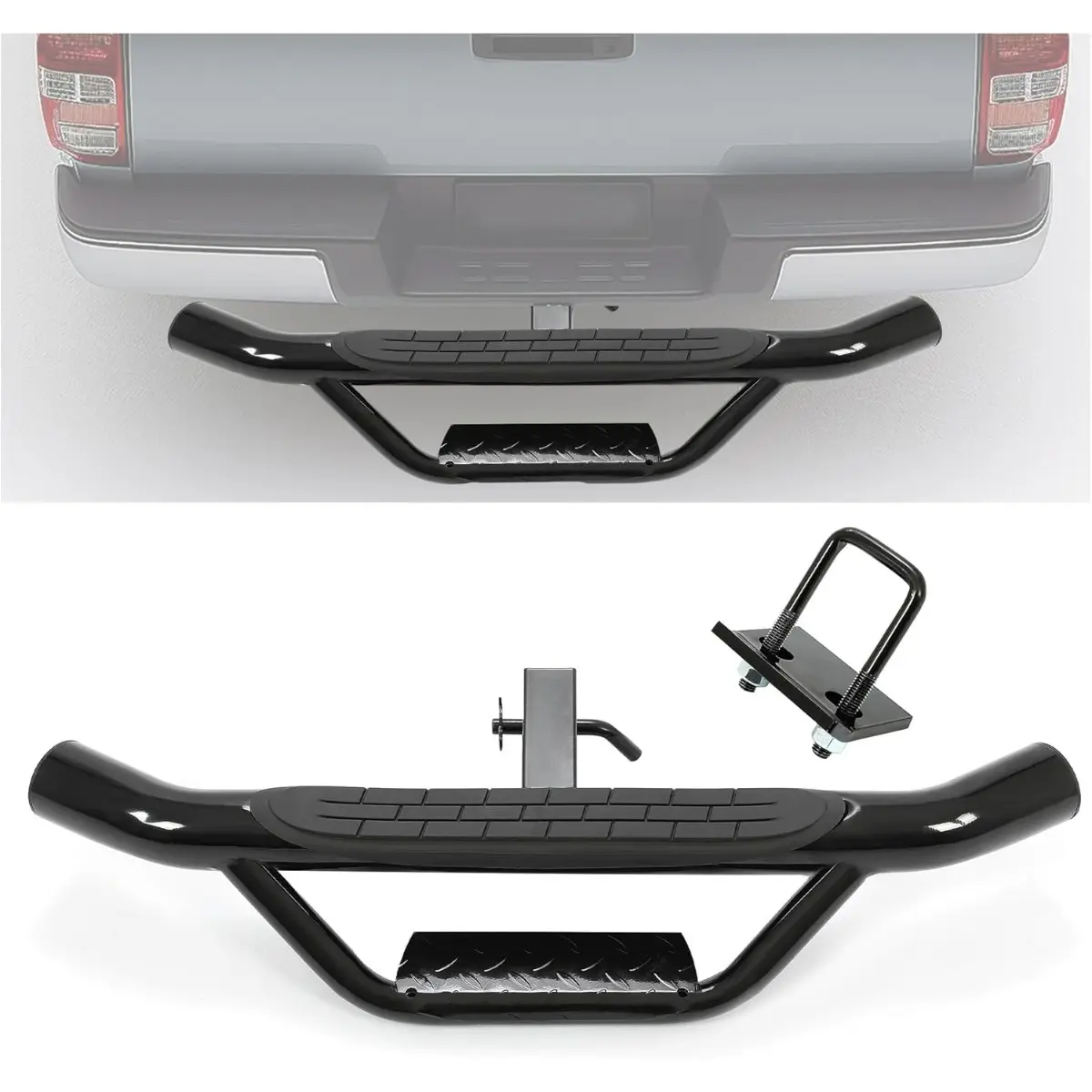 Universal Bumper Trailer Hitch Step for SUV Trucks Pickups with 2 Inch Receiver, Solid with Hitch Pin & U-Bolts Stabilize, Tow Rear Bumper Guard Protector Steel-TK