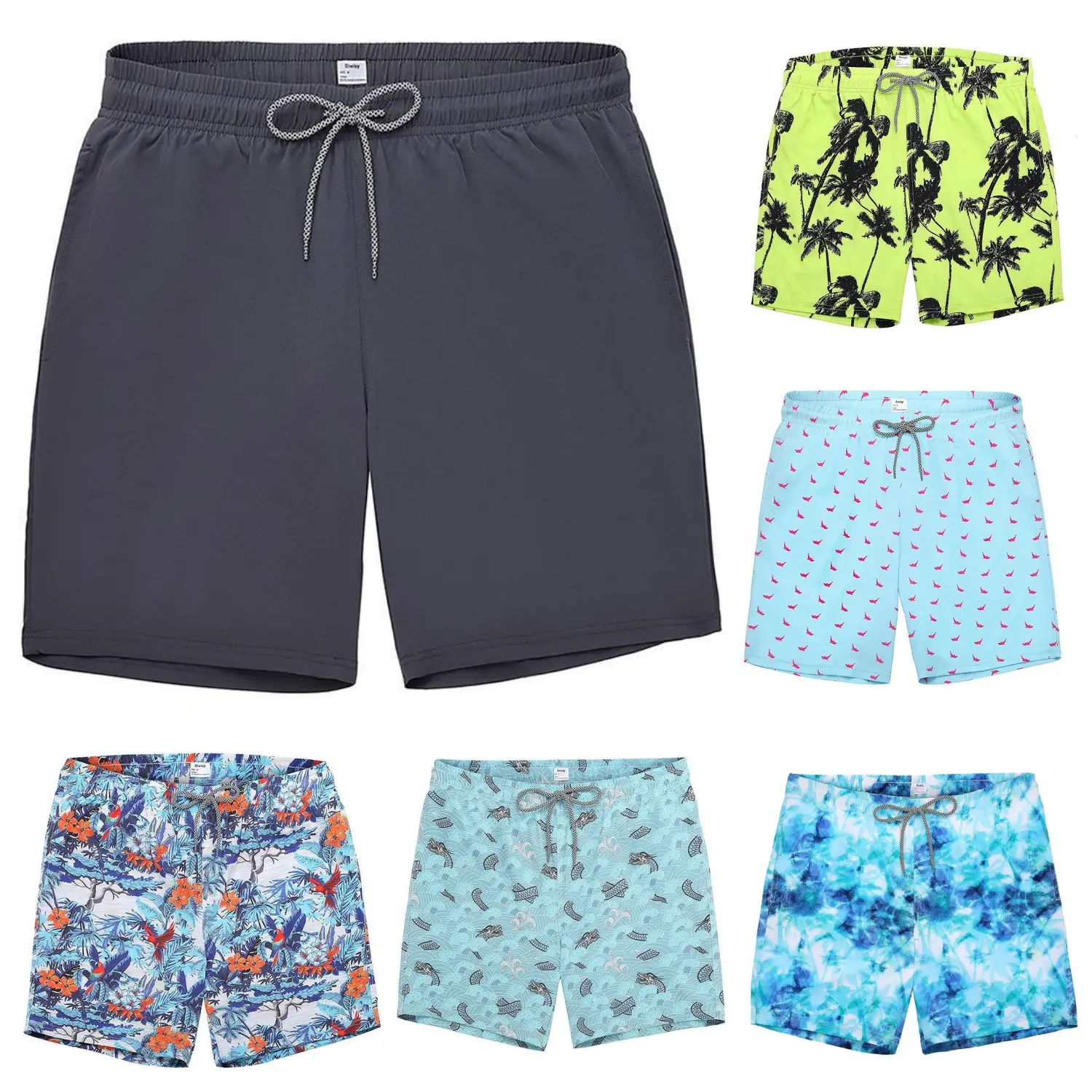 Men's Adjustable Waist Swim Trunks - Synthetic Swimsuit Shorts with Mesh Lining, Drawstring Print, Pockets, Quick Dry Beach Wear