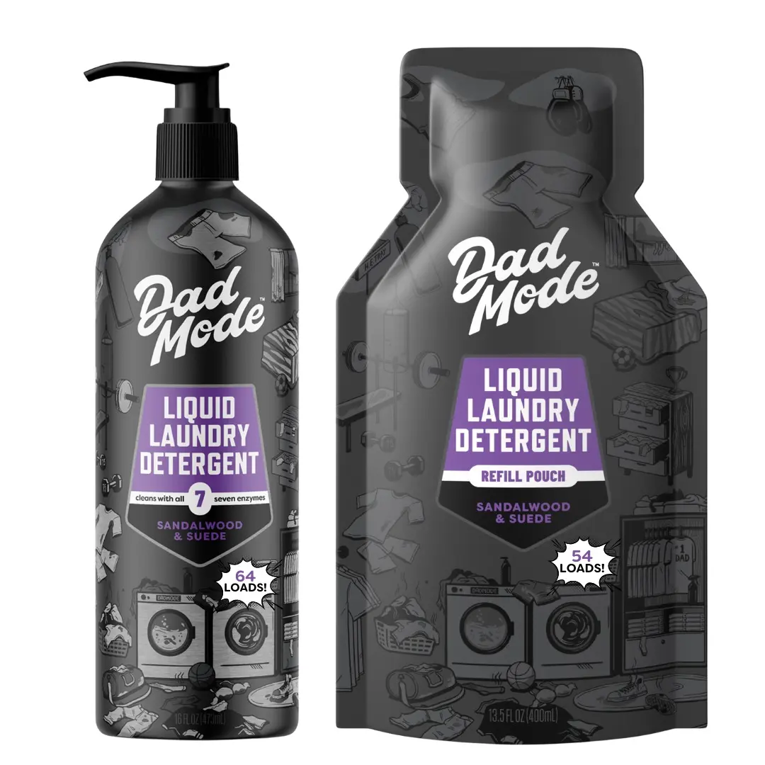 DadMode 7-Enzyme Power Liquid Laundry Detergent 2-Pack (Pump Bottle & Refill Pouch), Mom-Approved 118-Load Ultra-Concentrated HE-Friendly Stain Remover, Plant-Based Sandalwood Suede Scent, Non-Toxic Dye-Free Odor-Fighting All-Purpose Cleaner