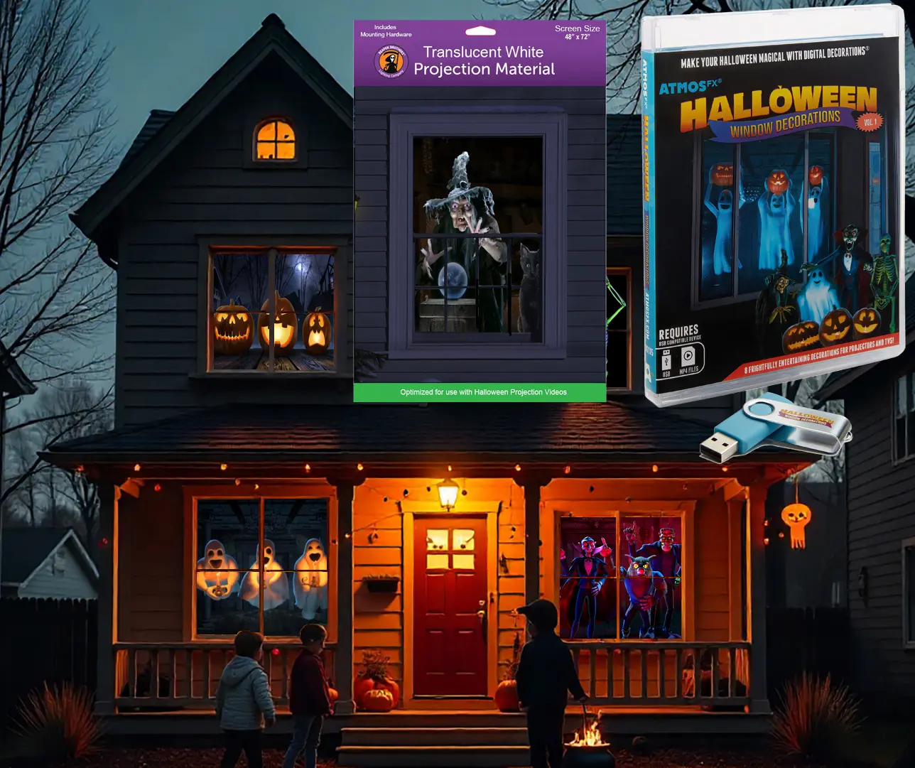 Halloween Vol 1 Digital Decoration Kit Includes 8 AtmosFX Video Effects for Halloween on USB + 48” x 72” Holographic Projection Screen