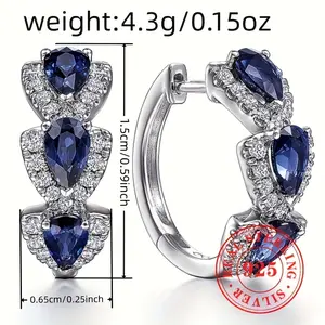 Elegant Luxury 925 Sterling Silver Hoop Earrings With Synthetic Blue Sapphires, September Birthstone, For Daily & Banquet Occasions, Ideal Valentine's Day Gift - 1 Pair