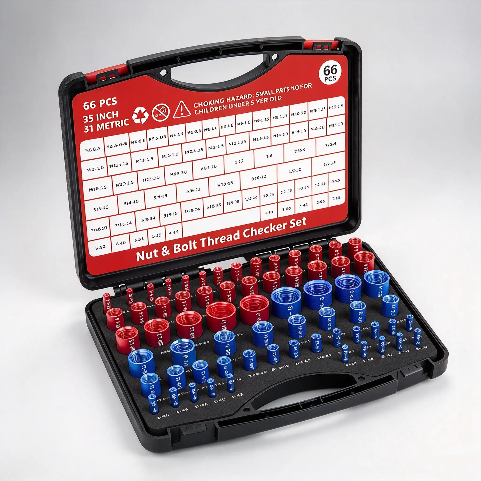 66 Pcs Thread Checker Nut and Bolt Thread Checker Set with 35 Inch and 31 Metric Box Set Thread Gauge for Tight Spaces SAE and Metric Sizes Ideal for Bolt and Nut Size Checking