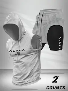 Hooded Vest and Gym Shorts Two-Piece Set, Casual Summer with Letter Pattern, Fitted Knitted Sportswear for Active Lifestyle, Sportswear Running Fitness, Workout Running Clothes, Streetwear Tracksuit Set, Workout Gym Clothing