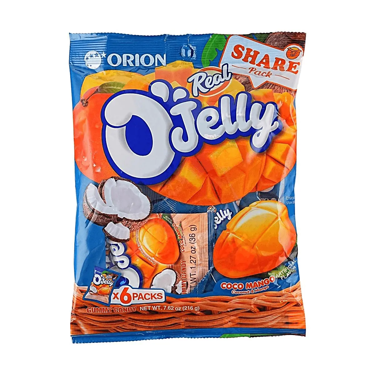ORION Korean Juice Gummy - Coconut Mango Flavor, 6 Packs (216g) - Real Fruit Juice Infused, Soft Chewy Candy for Snack Time