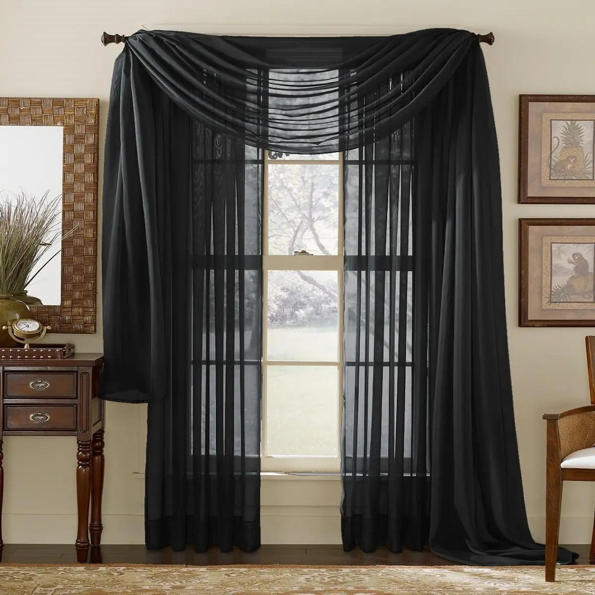 3pcs Set Of Sheer Curtains, Including 2 Curtains And 1 Window Scarf, Is Suitable For Living Rooms And Bedrooms 52*84 inch with 37 inch *217inch