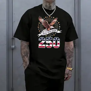 Independence Day 250th Anniversary T-shirt featuring a soaring eagle paired with star-and-stripes flag graphic, retro trendy design, pure cotton loose fit, men’s street casual short sleeves—a distinctive, versatile top with a strong vibe.