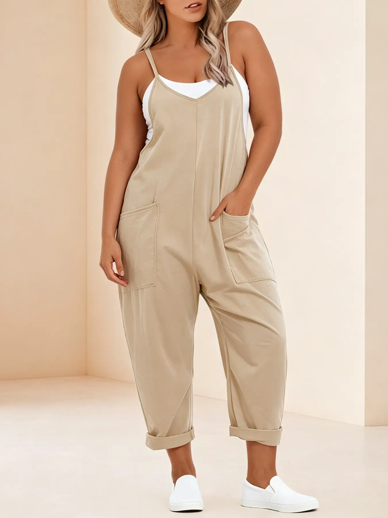 Plus Size Oversized Solid Color Loose-Fit Sleeveless Harem Jumpsuit, Casual Pocket Design, Comfortable Everyday Wear