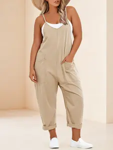 Plus Size Solid Color Loose Fit Romper, Casual Harlan Style Pocket Long Pants, Comfortable and Stylish Everyday Wear Overalls