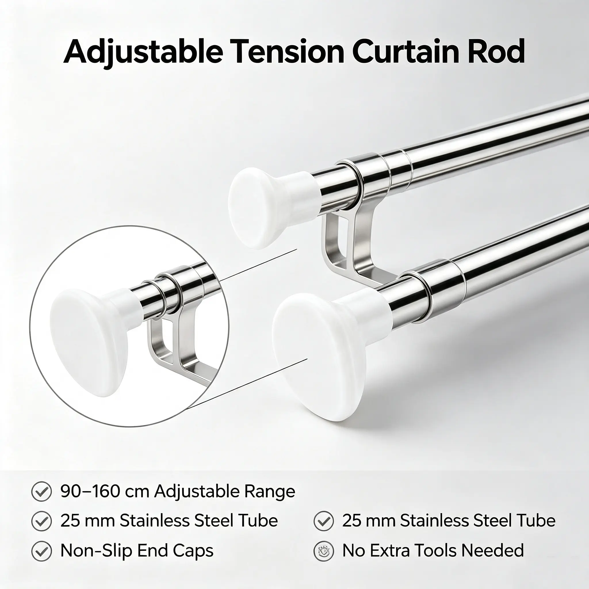90–160cm Adjustable Tension Curtain Rod, Drill-Free 25mm Stainless Steel Spring Curtain Pole, Expandable Window Curtain Rod for Bedroom, Closet, Indoor Lightweight Curtains